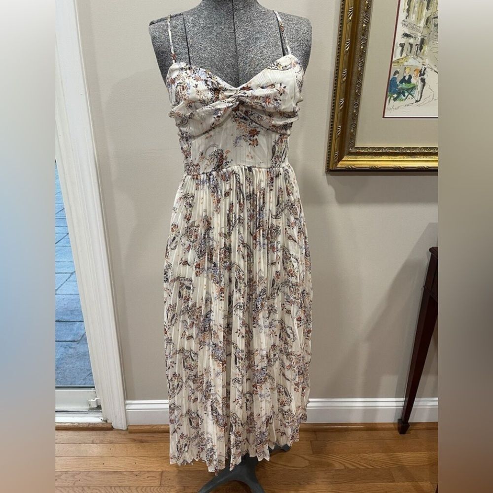 🍎Blue Rain Pleated Spaghetti Strap Long Floral Dress Gold Thread Size XL (AA3)